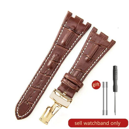 Sweat-resistant cowhide leather watch strap with folding buckle for AP Royal Oak Offshore models 15710, 15703, 15706, 26470, 26170, 26133, 26471, and 26474. Band Color: Brown; Band Width: 28mm. Imported.