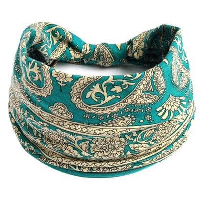 New Boho Floral Print Wide Headband with Vintage Knot Elastic Turban Headwrap for Women and Girls, Cotton Soft Bandana Hair Accessory, Parallel Import