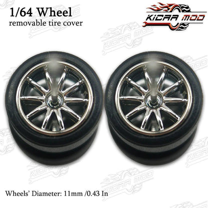 1/64 Scale RLC Premium Wheels with Rubber Slick Tires, 10-Spoke, 11mm Diameter, for Hot Wheels Model Cars (1 Set), Parallel Import