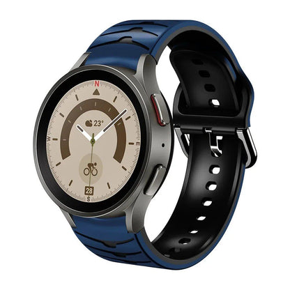 Compatible with Samsung Galaxy Watch 5 Pro (45mm), 6/5/4 (40mm), and 44mm. Two-tone silicone strap with no-grip. Compatible with Galaxy Watch 6/4 Classic (47mm), 43mm. Band Color: Compatible with Galaxy Watch 4, 5, 6, and 7. Parallel import.