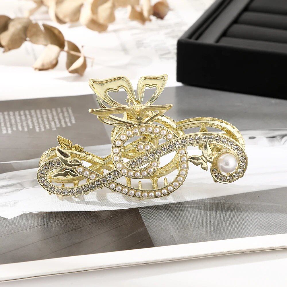 10.5cm Note Hairpin for Women, Shiny Color, Ponytail Hair Claw, Pearl, Rhinestone, Butterfly Hair Accessory, Parallel Import