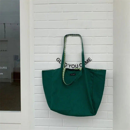 Women's Canvas Shoulder Bag, Check Pattern, Double-Sided, Large Capacity, Handbag, Shopping, Portable, All-Season, Foldable, Parallel Import