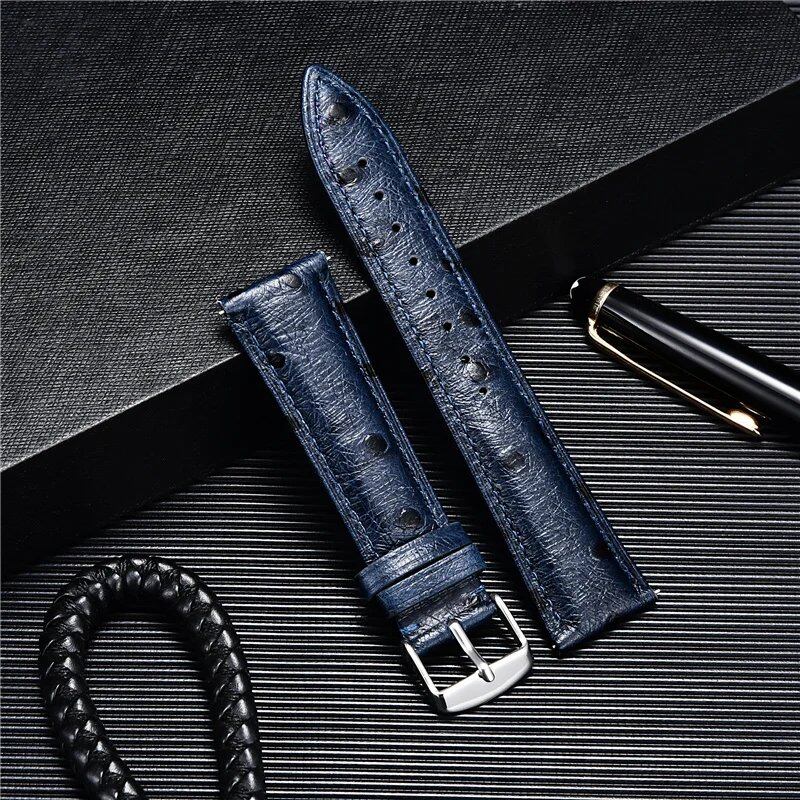 Ostrich-look leather strap, soft quick release, available in 18mm, 20mm, and 22mm sizes. Available in blue, black, red, and brown. Band color: mm. Parallel import.