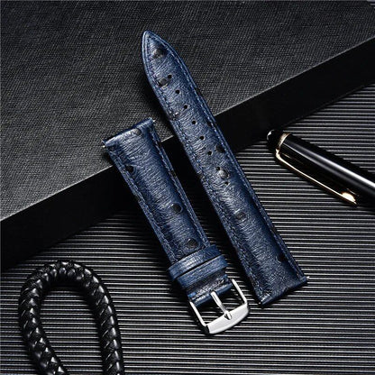 Ostrich-look leather strap, soft quick release, available in 18mm, 20mm, and 22mm sizes. Available in blue, black, red, and brown. Band color: mm. Parallel import.