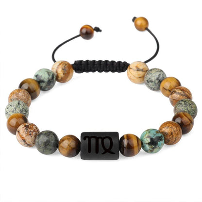 12 Zodiac Sign Beaded Bracelet, Natural Tiger Eye Stone, Zodiac Sign Bracelet for Men and Women, Charm Jewelry, Gift, Metal Color: Parallel Import