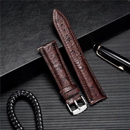 Ostrich-look leather strap, soft quick release, available in 18mm, 20mm, and 22mm sizes. Available in blue, black, red, and brown. Band color: mm. Parallel import.