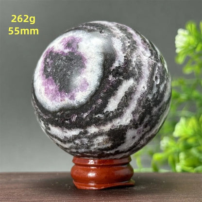 Natural Purple Zebra Fluorite Ball for Reiki Healing, Spiritual Meditation, Chakra Therapy, Magic, Ritual, Divination, Home Decoration, with Stand, Color: A, Parallel Import