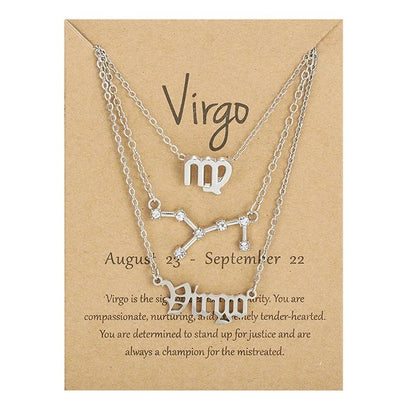 Set of 3 Women's 12 Zodiac Sign Necklaces with Pendant Chains, Chokers, Birthday Jewelry, Cardboard Cards, 45cm Long; Metal Color: 6252, Parallel Import