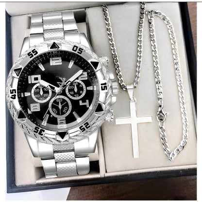 Keglect Men's Steel Band Quartz Watch with Digital Scale, Wristwatch, Necklace, and Bracelet Set; Customization Not Available; Ships from: Parallel Import