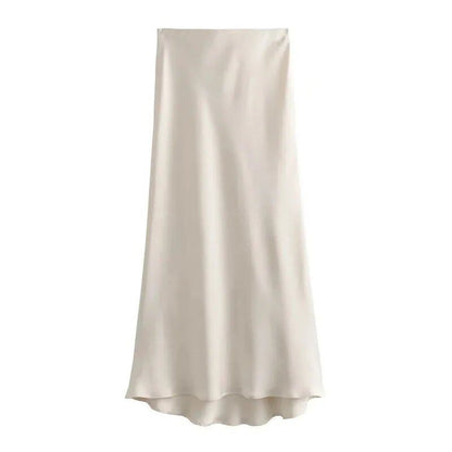 TRAF Women's 2024 High-Waisted Satin Skirt, Long, Summer, Black, Midi Length, Office, Elegant, Size: Parallel Import