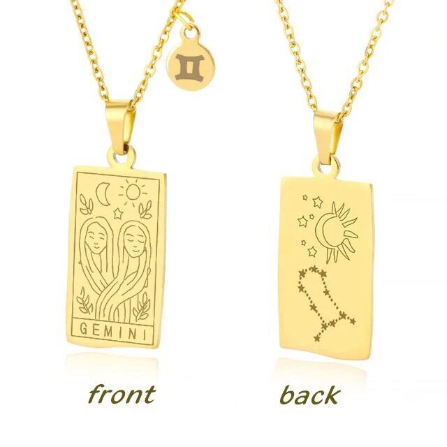 Stainless Steel 12 Zodiac Sign Necklace for Women, Zodiac Pendant, Gold Plated Square Clavicle Chain, Birthday Jewelry, Metal Color: Parallel Import