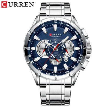 Karlen New Casual Sports Chronograph Men's Watch with Stainless Steel Band, Large Dial, Quartz Movement, and Luminous Hands, Silver Brown, Parallel Import