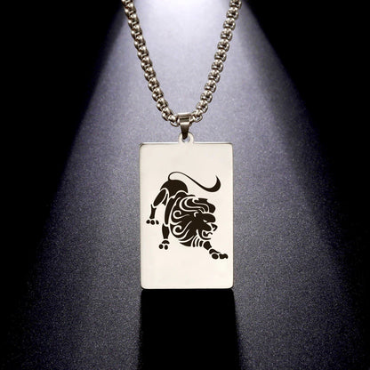 Men's 12 Zodiac Signs Pendant Necklace with Box Chain, Ancient Greek Style, Stainless Steel, Fade-Resistant, Zodiac Astrology Gift, 60cm Long; Metal Color: Parallel Import