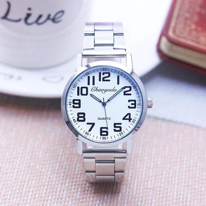 High-quality stainless steel quartz wristwatch for men and women, suitable for both young and old. Large digital dial, luminous, waterproof, perfect as a couple's gift. Color: Parallel import.