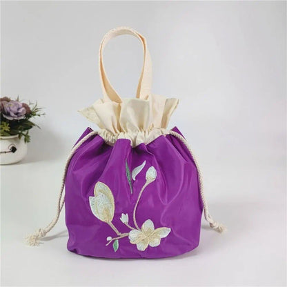 Satin Silk Embroidered Flower Handbag, Ruffle Mommy Bag, Hanfu Drawstring Bag, Korean Style Lunch Bag, Floral Bucket Bag, Outdoor Bag, Parallel Import