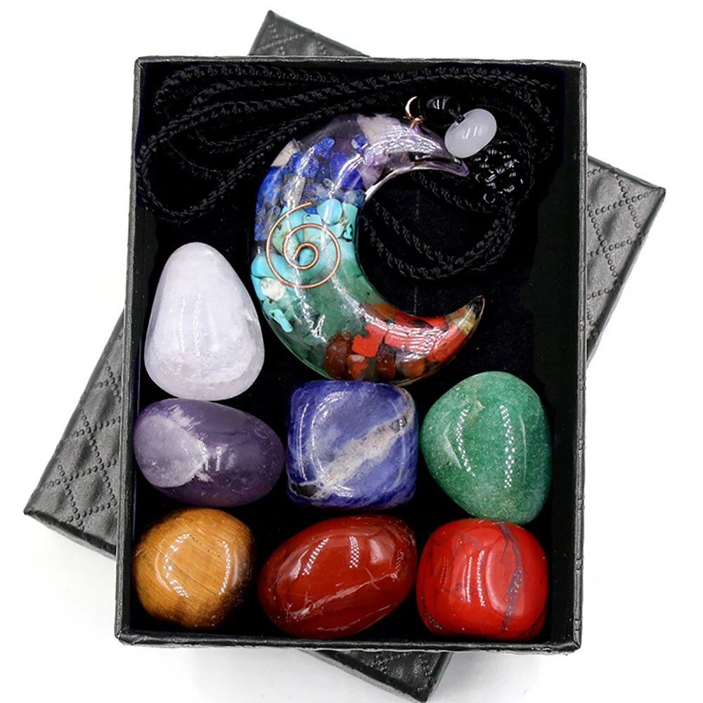 7 Chakra Natural Healing Crystal Stone Crescent Moon Orgone Energy Pendant Necklace with Spiritual Quartz and Tumbled Gemstone, Metal Color: Parallel Import
