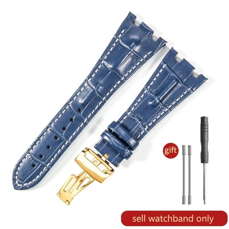 Sweat-resistant cowhide leather watch strap with folding buckle for AP Royal Oak Offshore models 15710, 15703, 15706, 26470, 26170, 26133, 26471, and 26474. Band Color: Brown; Band Width: 28mm. Imported.