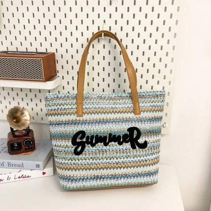 夏用レース刺繍ビーチバッグ 女性用トートバッグ 大容量ショルダーバッグ 草編みバッグ 色： 並行輸入品