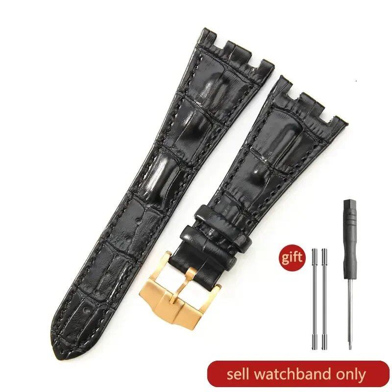 Sweat-resistant cowhide leather watch strap with folding buckle for AP Royal Oak Offshore models 15710, 15703, 15706, 26470, 26170, 26133, 26471, and 26474. Band Color: Brown; Band Width: 28mm. Imported.
