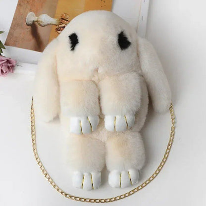 Cute Fluffy Rabbit Pom Pom Chain Bag for Women, Cartoon Rabbit Sling Bag, Plush Bunny Shoulder Backpack, Birthday Gift for Girls, Parallel Import