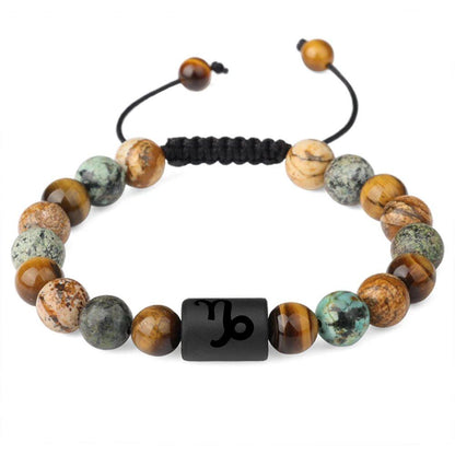 12 Zodiac Sign Beaded Bracelet, Natural Tiger Eye Stone, Zodiac Sign Bracelet for Men and Women, Charm Jewelry, Gift, Metal Color: Parallel Import