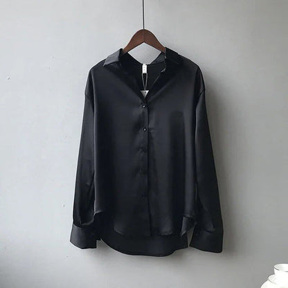 Elegant Satin Loose Dress Shirt with Turndown Collar for Spring and Fall, Vintage Casual Button-Down Silk Top, Size: Parallel Import