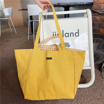 Women's Canvas Shoulder Bag, Check Pattern, Double-Sided, Large Capacity, Handbag, Shopping, Portable, All-Season, Foldable, Parallel Import