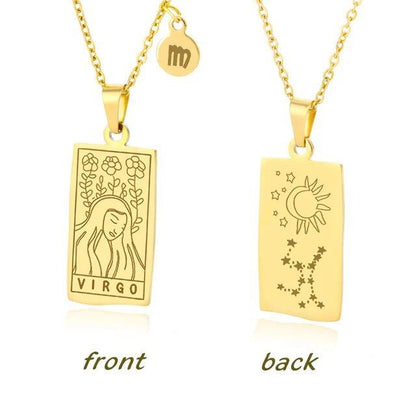 Stainless Steel 12 Zodiac Sign Necklace for Women, Zodiac Pendant, Gold Plated Square Clavicle Chain, Birthday Jewelry, Metal Color: Parallel Import
